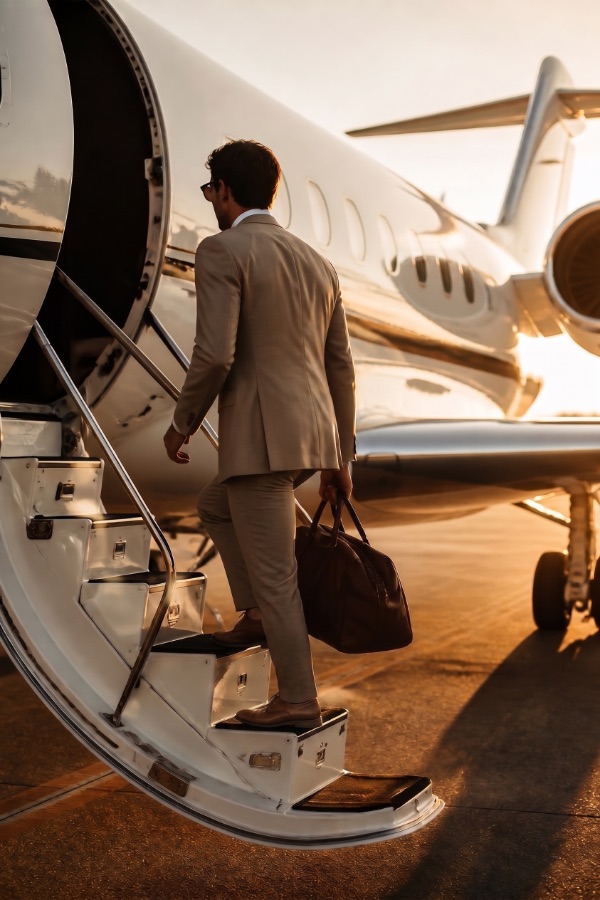Businessman boarding private jet
